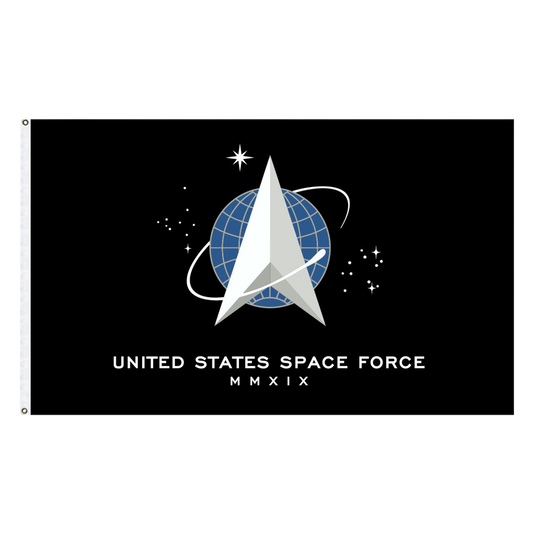 Flag with United States Space Force logo and text on a black background