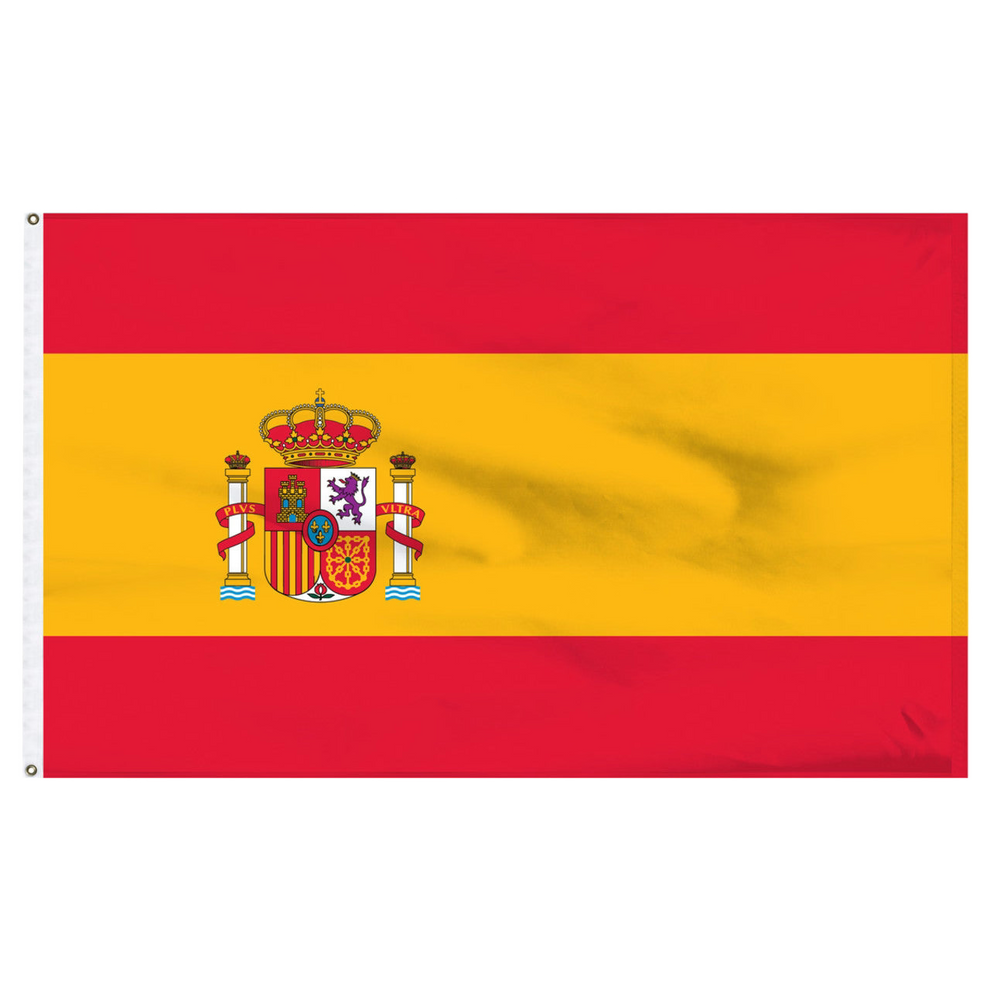 The flag of Spain, featuring a vertical stripe design with a red stripe on the left and a yellow stripe on the right, containing the national emblem in the center.