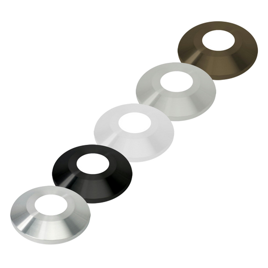 Set of five metal circular flash collars of different finishes for flagpoles on a white background.