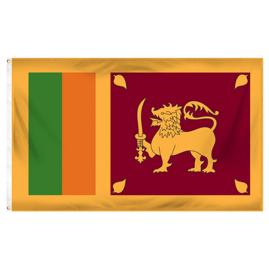 Sri Lankan flag with green, orange, and red sections, featuring a lion emblem on a white background