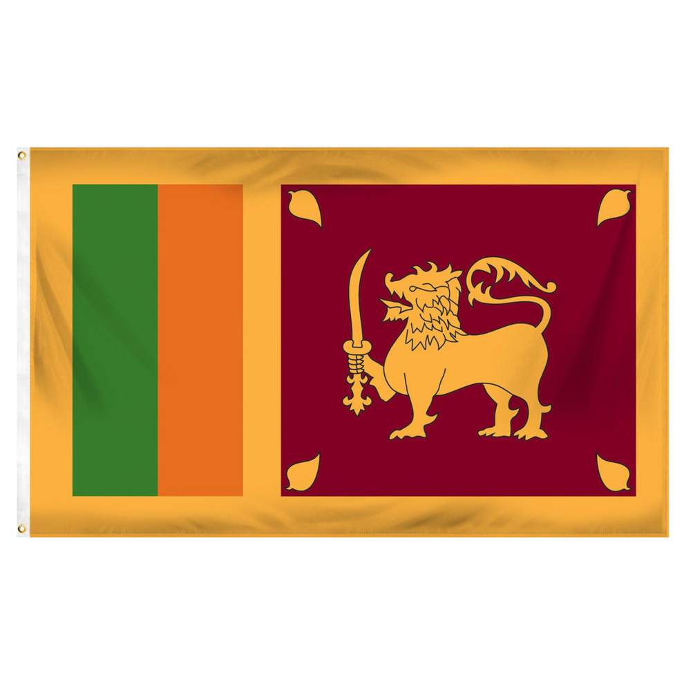 Sri Lankan flag with green, orange, and red sections, featuring a lion emblem on a white background
