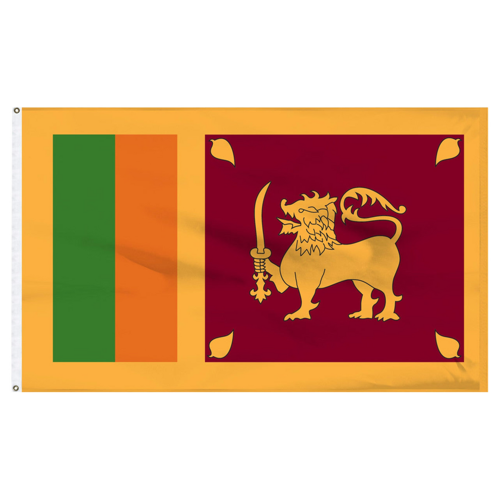 Sri Lanka flag with green, orange, and red sections featuring a lion emblem on a white background