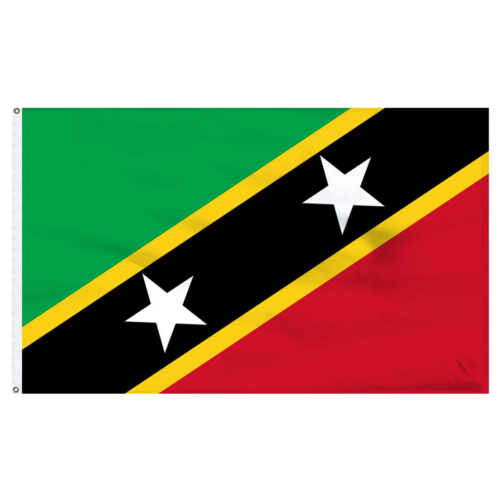 St. Chris Nevis flag with green, black, red, and yellow stripes and white stars