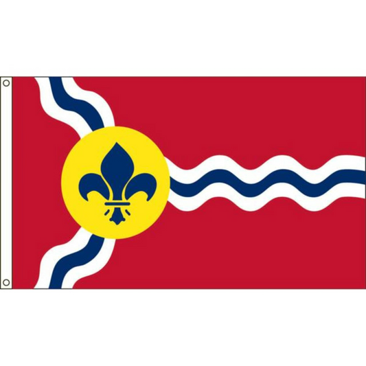 City of St. Louis flag with a yellow circle featuring a blue fleur-de-lis design on a red background