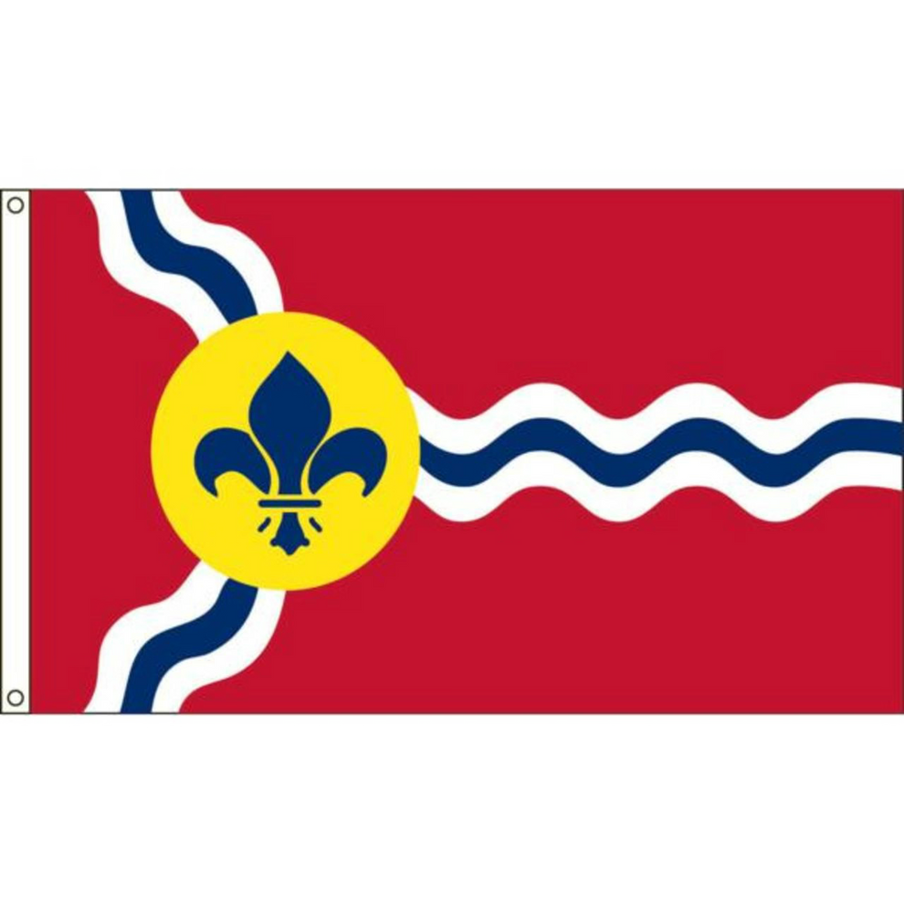 City of St. Louis flag with a yellow circle featuring a blue fleur-de-lis design on a red background