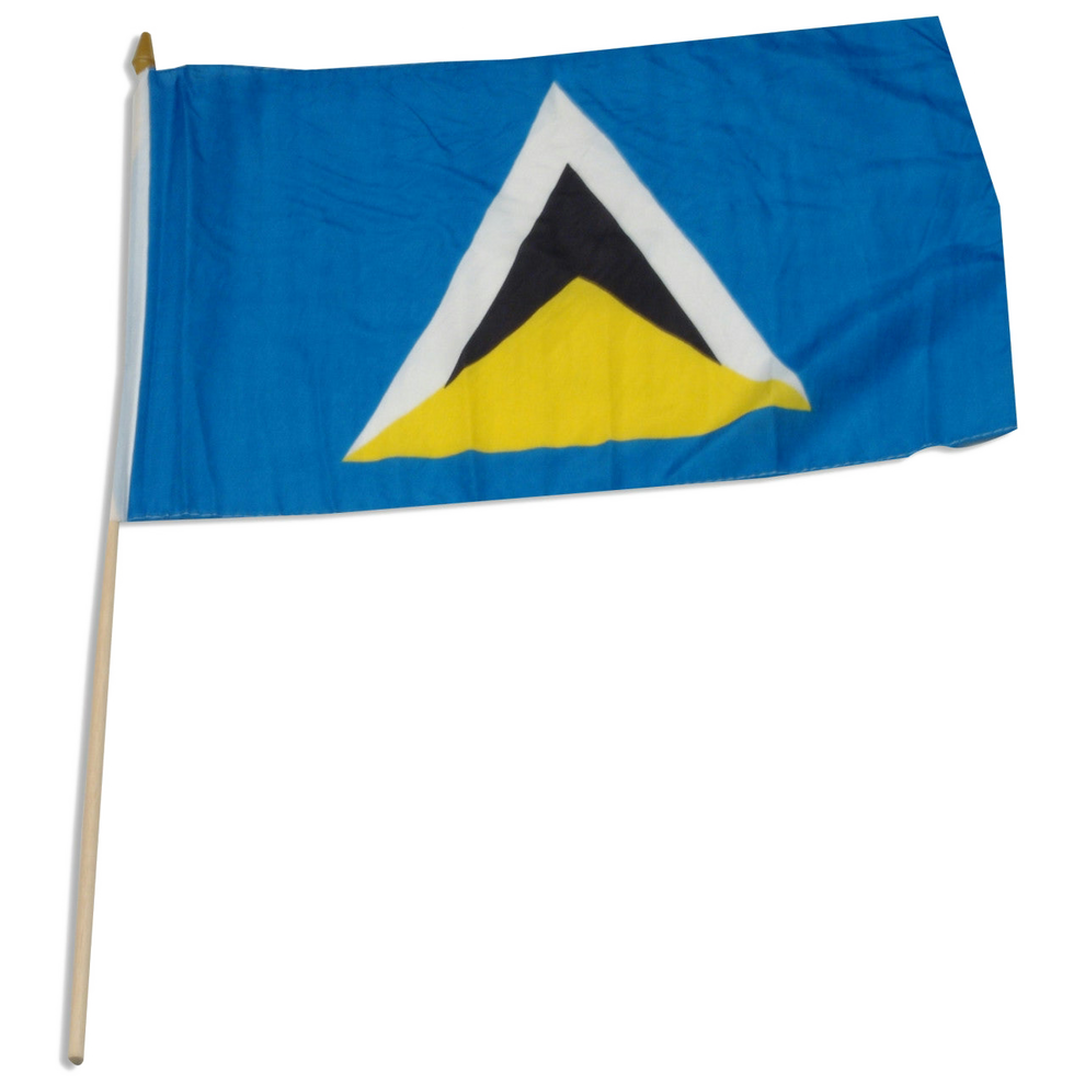 St. Luicia flag with a blue background and a white triangle featuring a black and yellow design on a white background