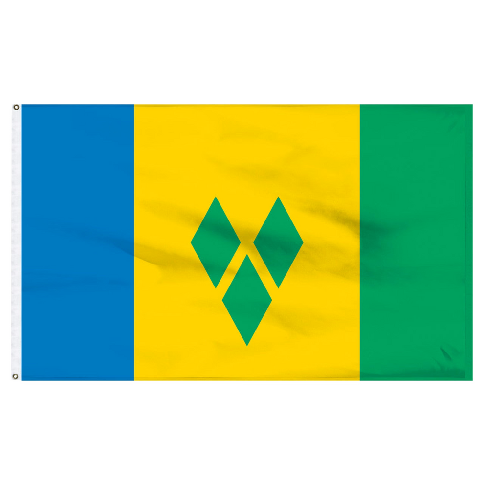 St. Vincent and the Grenadines flag with blue, yellow, and green colors featuring a green emblem on a white background