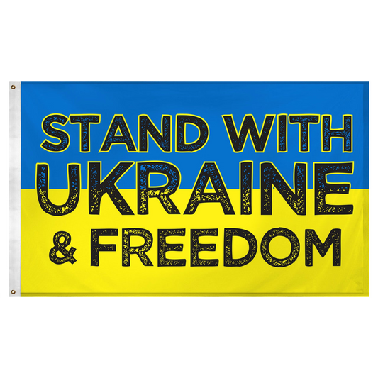 Flag with 'Stand with Ukraine & Freedom' text on a blue and yellow background