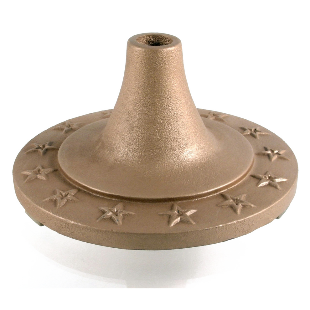 Bronze-colored flagpole base with star patterns on a white background
