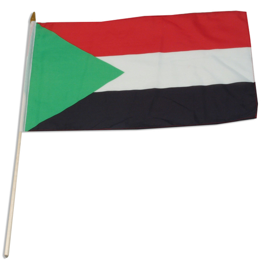 Flag of the Sudan with green triangle and red, white, and black stripes.