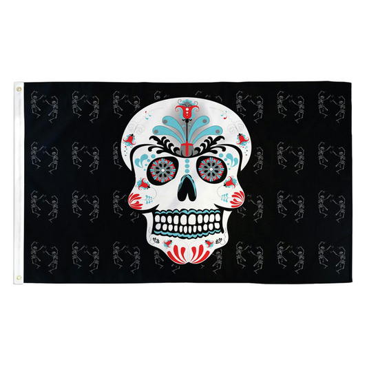 Flag with a colorful skull design on a black background with skeleton patterns