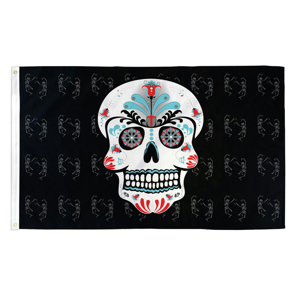 Flag with a colorful skull design on a black background with skeleton patterns