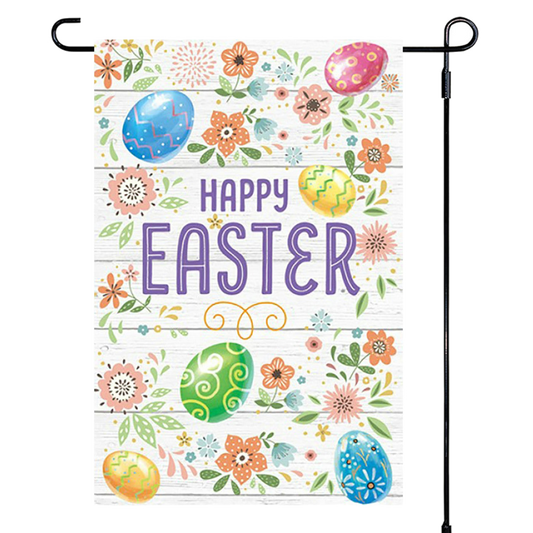 Garden flag with 'Happy Easter' text and colorful eggs and flowers on a white background