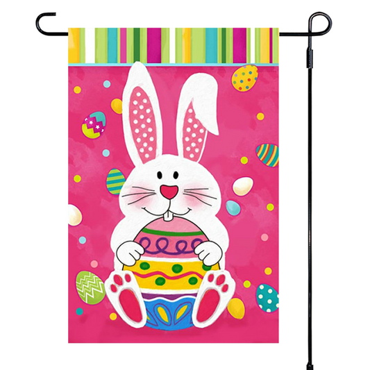 Garden flag with an Easter design featuring a bunny and eggs on a pink background.