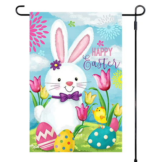 Easter-themed garden flag with a bunny, eggs, and flowers on a blue background.