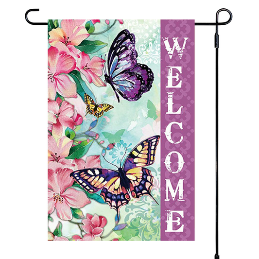 Decorative garden flag with butterflies and flowers featuring the word 'WELCOME'.
