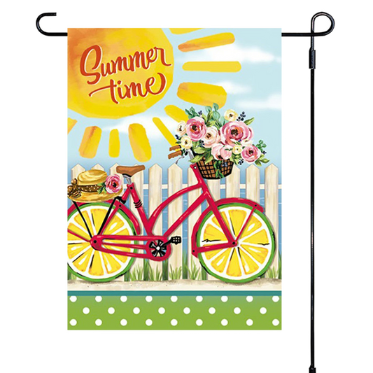 Decorative garden flag with a bicycle, flowers, and 'Summer time' text on a white background.
