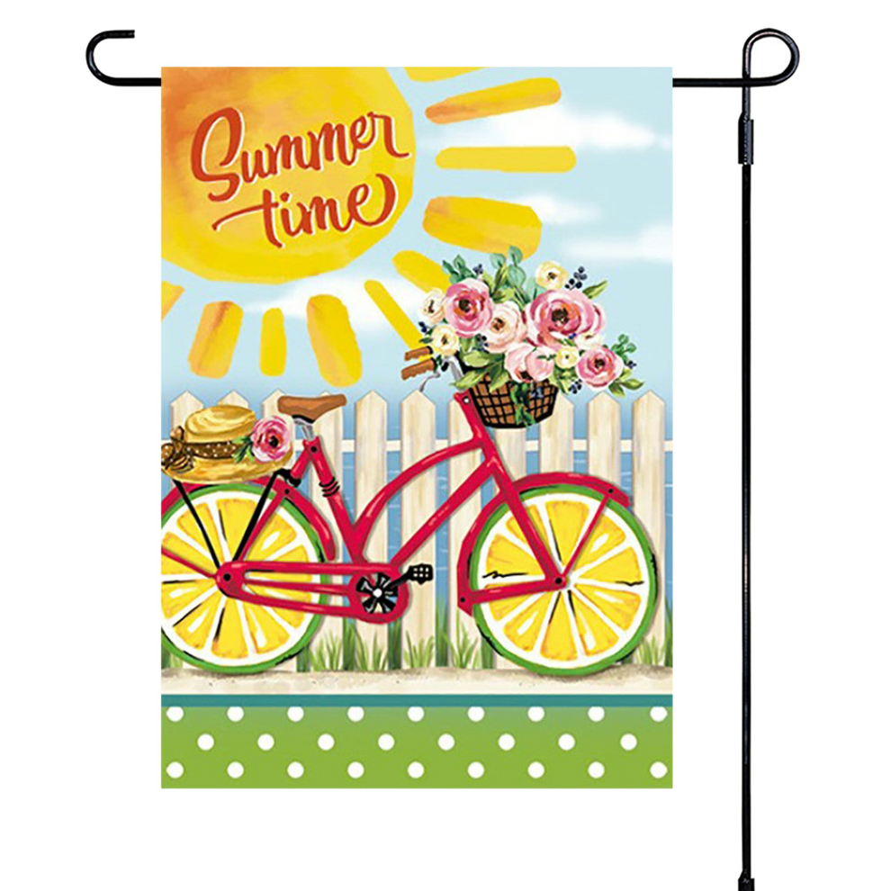 Decorative garden flag with a bicycle, flowers, and 'Summer time' text on a white background.