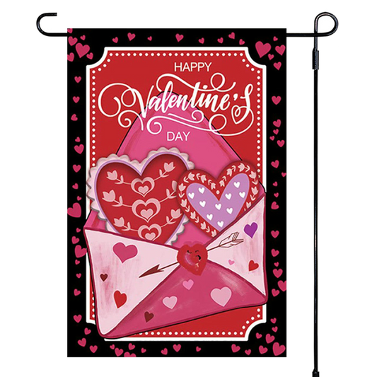 Valentine's Day-themed garden flag with hearts and an envelope design.