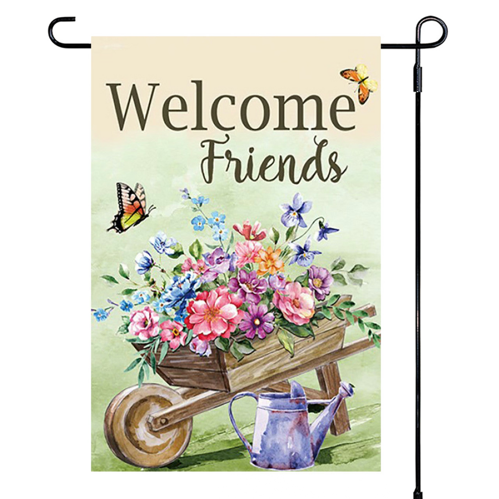 Garden flag with 'Welcome Friends' text, flowers, wheelbarrow, and watering can on a light green background.