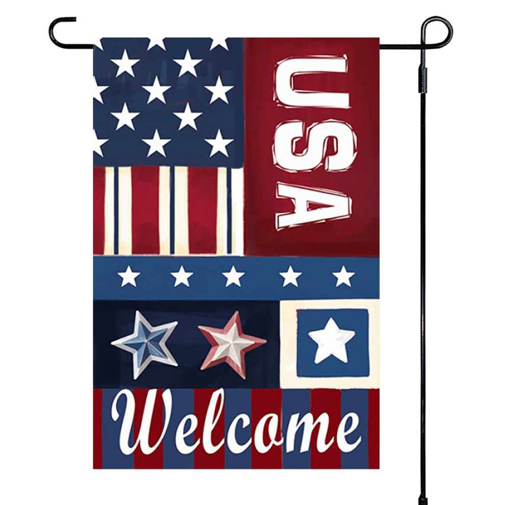 American flag-themed garden flag with 'USA Welcome' text on a white background