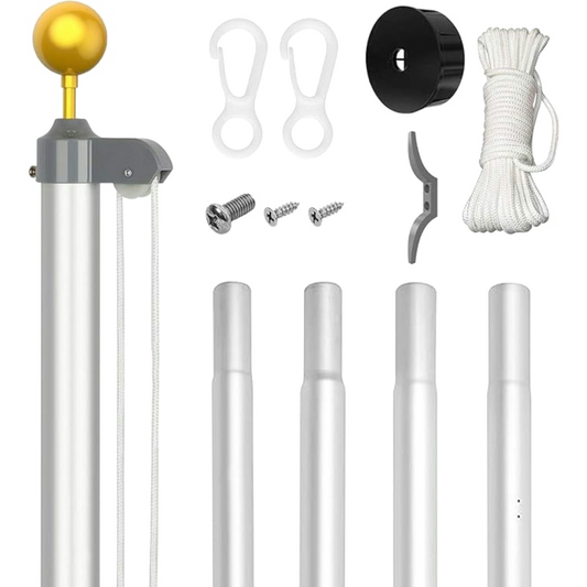 Flagpole kit with components on a white background