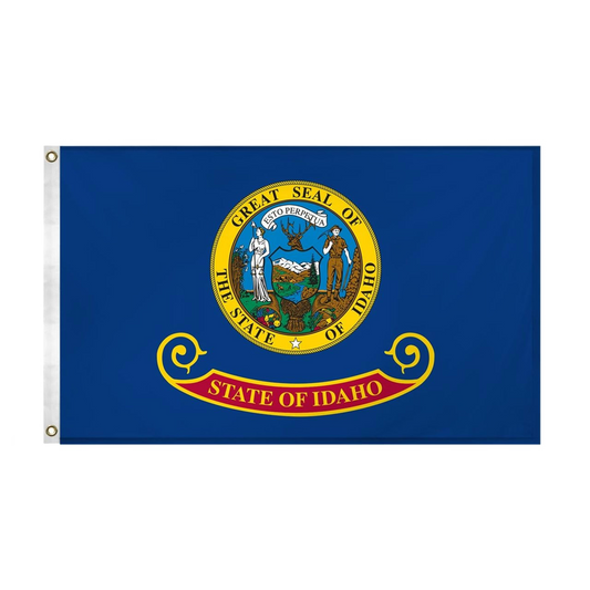 State of Idaho flag featuring the full-color state seal with the text 'ESTO PERPETUA' on a blue background with the 'State of Idaho' red and gold banner.