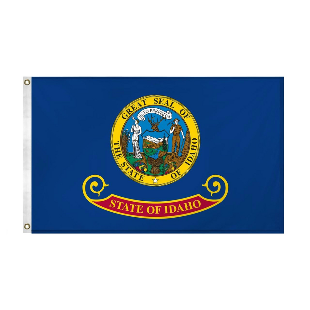 State of Idaho flag featuring the full-color state seal with the text 'ESTO PERPETUA' on a blue background with the 'State of Idaho' red and gold banner.