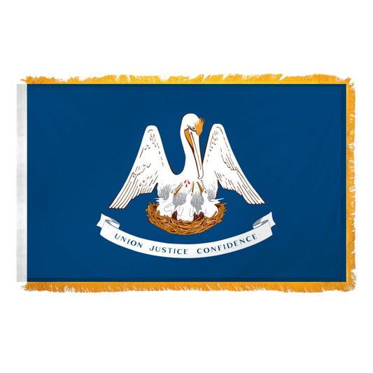 Louisiana state flag with a pelican and banner on a blue background.  Flag has yellow fringe.