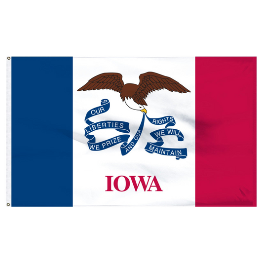  State of Iowa flag featuring three vertical stripes of blue, white, and red, with the center white stripe being wider than the outer two. In the center white field, a bald eagle flies carrying a long, waving blue streamer in its beak that reads 'OUR LIBERTIES WE PRIZE AND OUR RIGHTS WE WILL MAINTAIN'. Directly below the streamer, the word 'IOWA' is printed in large, red all-caps letters.