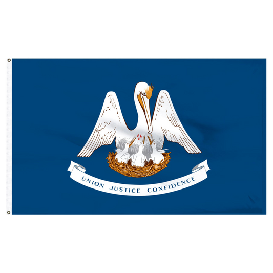Louisiana state flag with a pelican and banner on a blue background