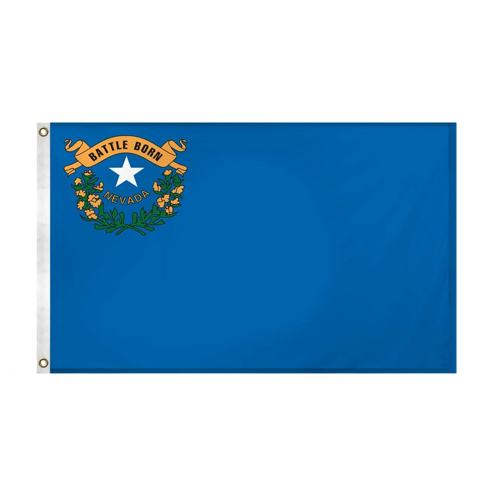 State of Nevada flag featuring the silver star, sagebrush wreath, and 'Battle Born' gold scroll emblem on a solid cobalt blue field.