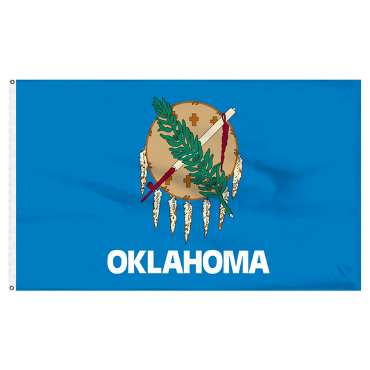 State of Oklahoma flag featuring the traditional buffalo-skin shield, peace pipe, olive branch, and white 'Oklahoma' text on a vibrant sky-blue field.