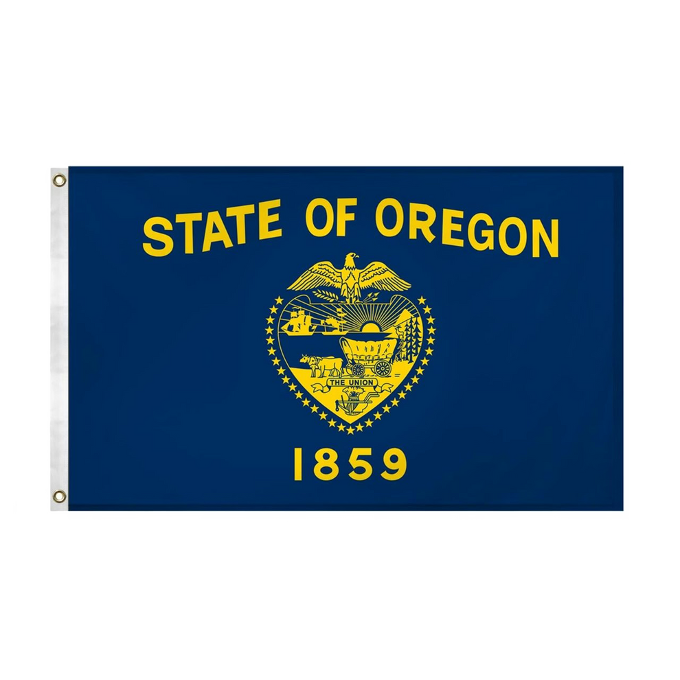 Flag of the State of Oregon with yellow text and emblem on a blue background