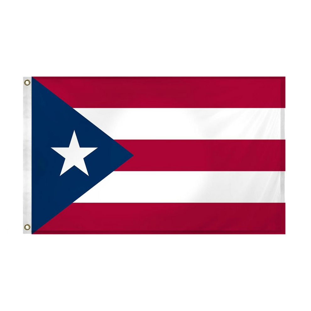 Puerto Rican flag with a blue triangle, white star, and red and white horizontal stripes on a white background