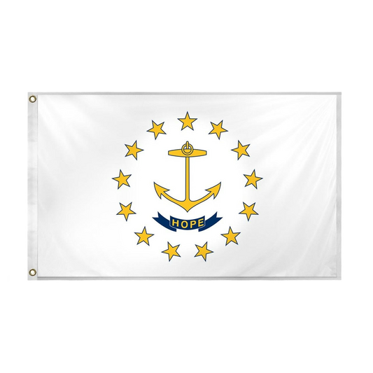 Flag of Rhode Island: white field with a gold anchor, blue “HOPE” ribbon, and 13 gold stars in a circle.