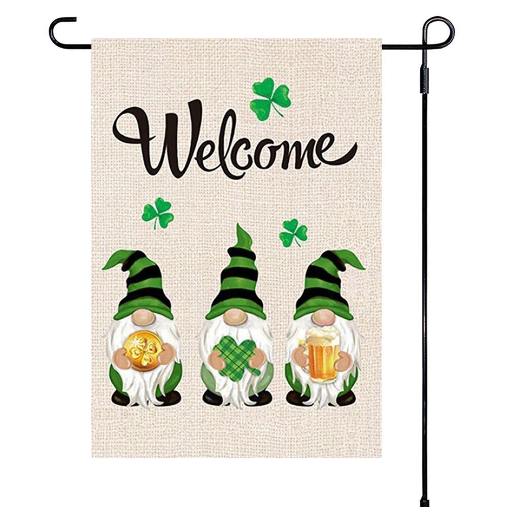 Decorative garden flag with gnomes and 'Welcome' text on a white background