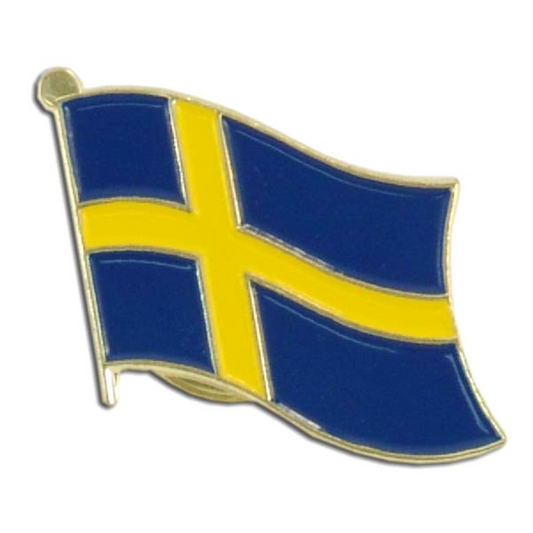 Sweeden flag pin with blue and yellow design on a white background