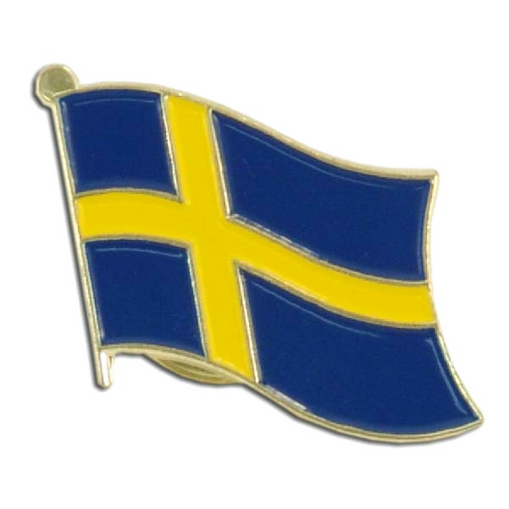 Sweeden flag pin with blue and yellow design on a white background