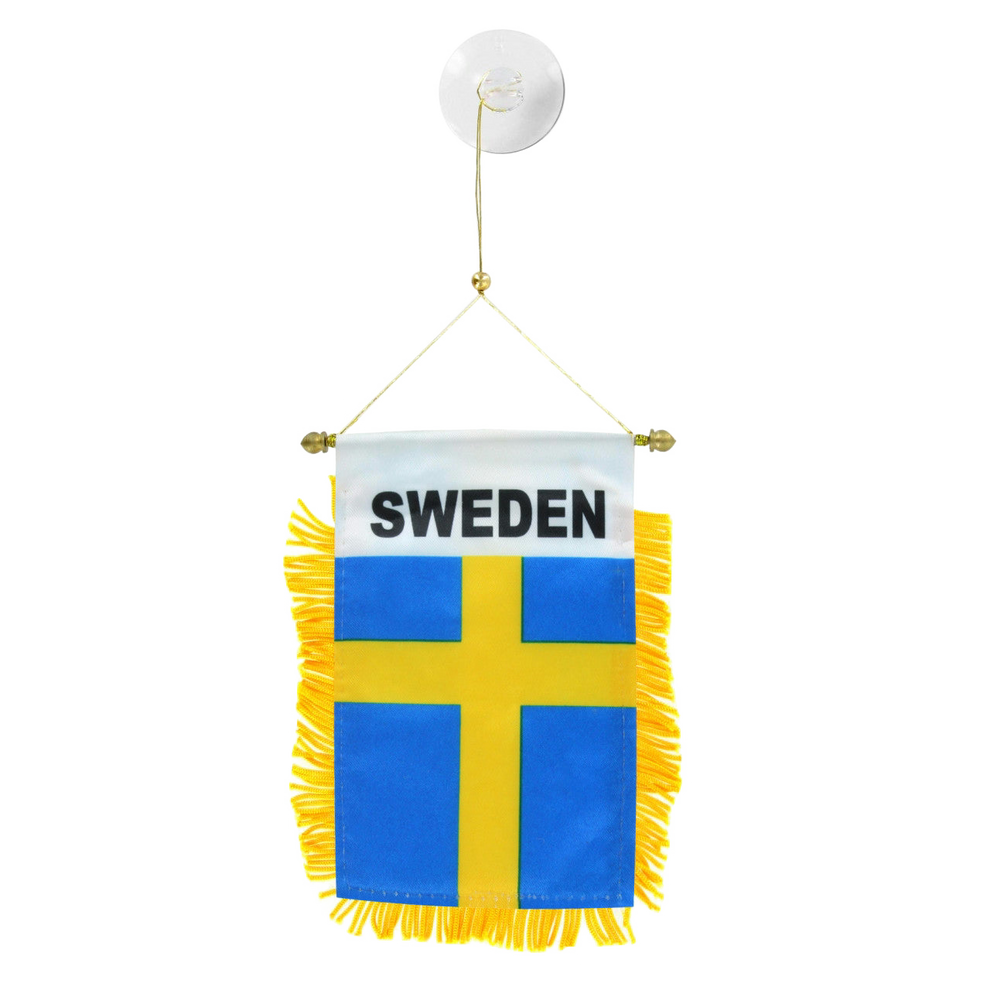 Small hanging flag with 'SWEDEN' text on a white background