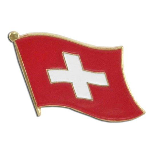 Lapel pin of the flag of Switzerland.