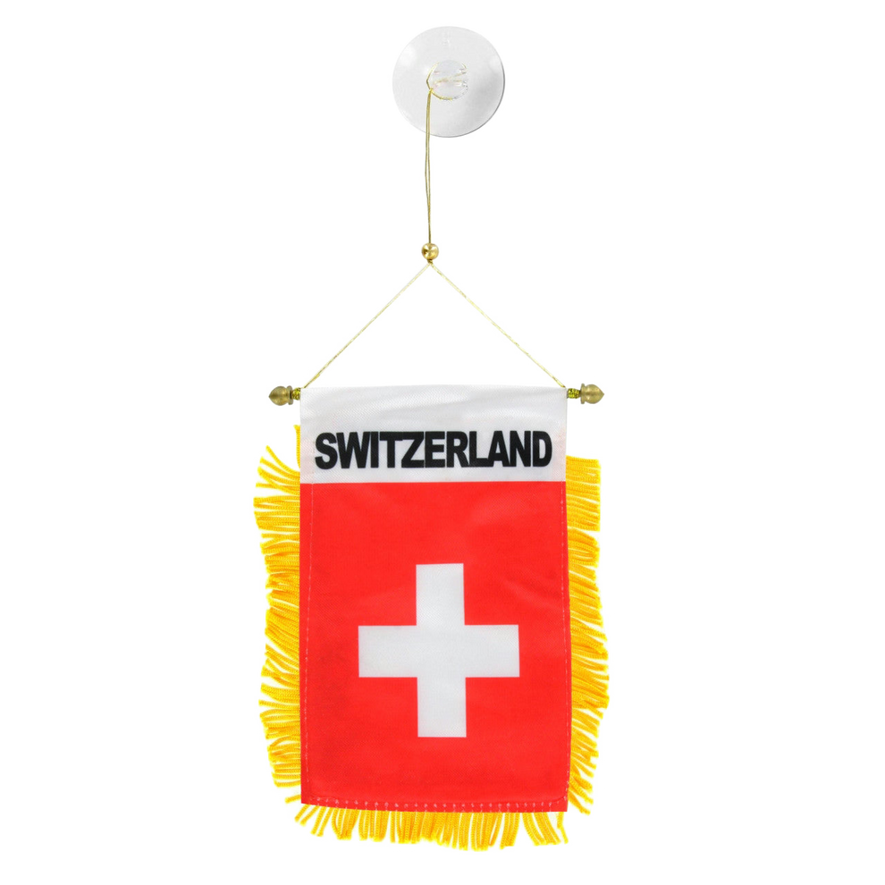 Small flag of Switzerland with yellow fringe on a white background