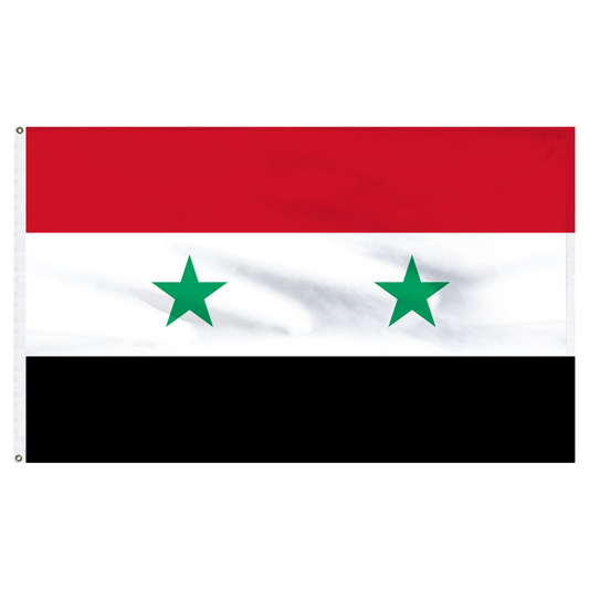 Flag of Syria with red, white, and black horizontal stripes and green stars on a white background
