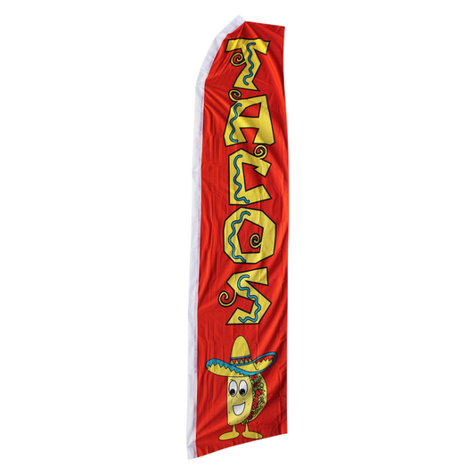 Decorative banner with cartoon taco and 'TACOS' text on a red background