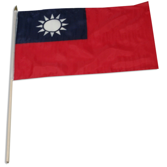 Handheld Tawain flag with a blue and red design featuring a white sun emblem on a white background
