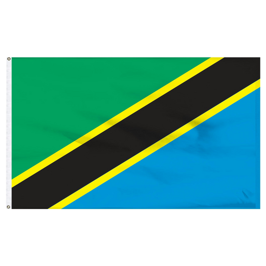 Tanzania flag with green, black, yellow, and blue stripes on a white background