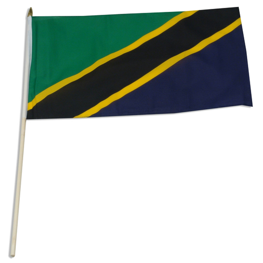 Tanzanian flag with green, black, and yellow stripes on a white background