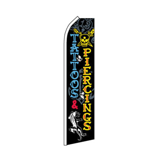 Piercing and tattoo-themed vertical flag with colorful text and graphics on a black background.