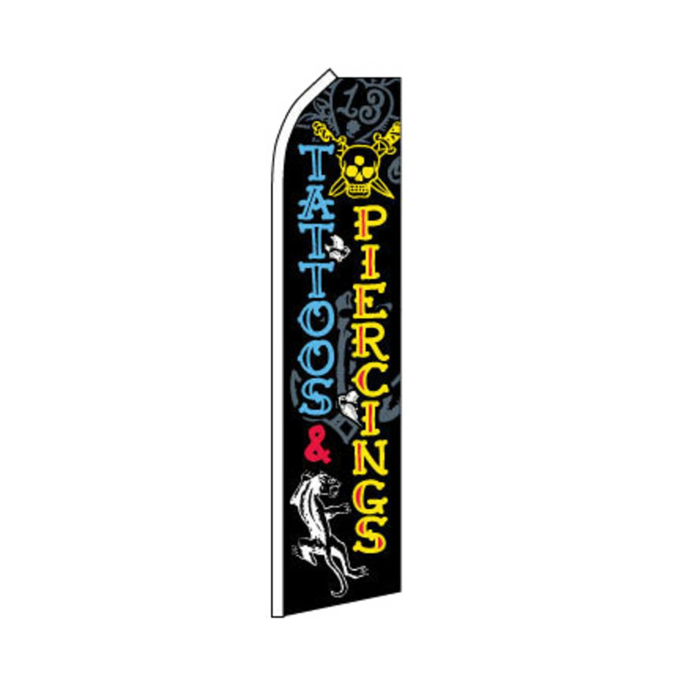 Piercing and tattoo-themed vertical flag with colorful text and graphics on a black background.