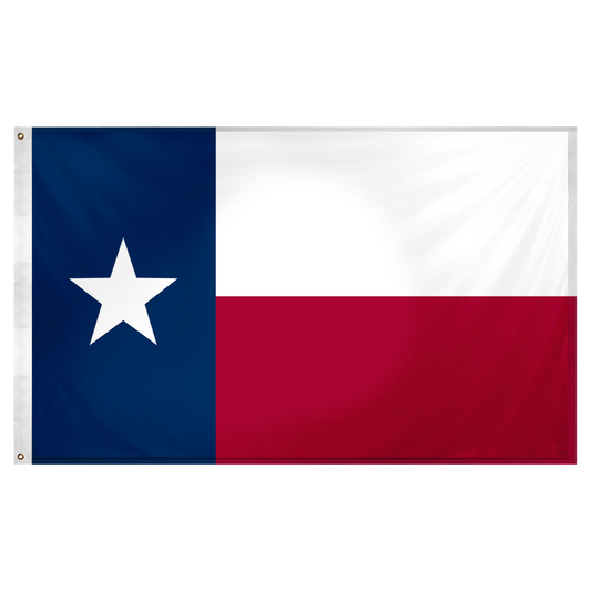 State of Texas Lone Star flag featuring the vertical blue panel with a white star alongside horizontal white and red stripes